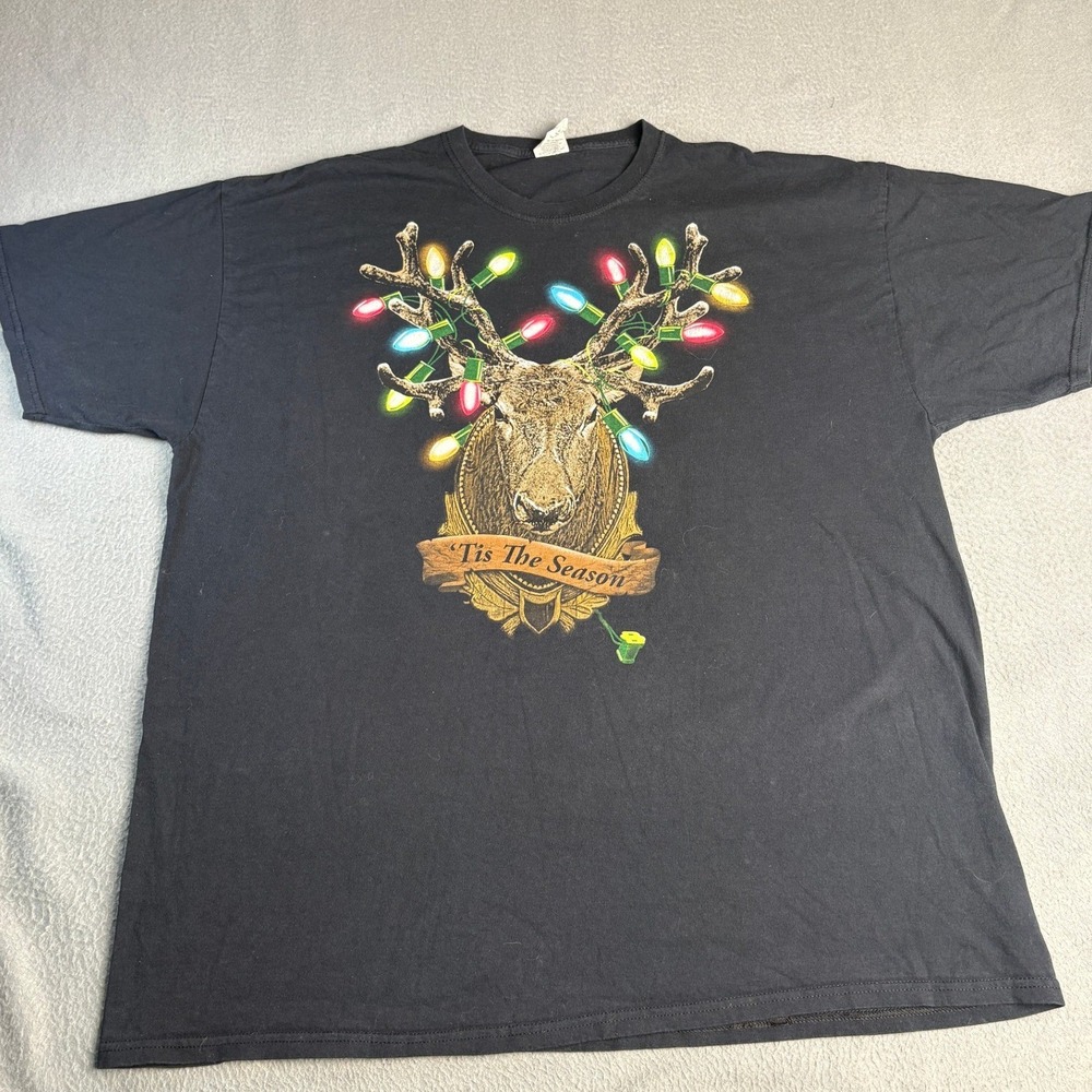 Tis The Season Christmas Deer Lights Graphic T-Shirt Black Mens XL Short Sleeve
